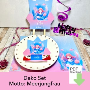 Dekoration Kindergeburtstag Set, Duplo Banderole, Cake Topper, Tischset, Motto Meerjungfrau, Geburtstag Mädchen, personalisiert, Digital PDF