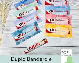 May include: Printable gift tags for a chocolate bar. The tags are designed to look like a chocolate bar wrapper and feature the text "du" and a variety of positive messages in German, such as "du bist fabelhaft" (you are fabulous).