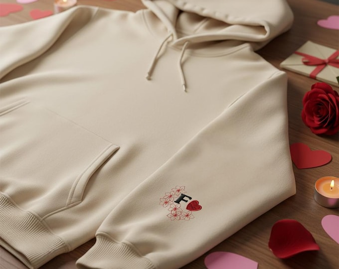 Featured listing image: Valentine's Day Gift: Hawaiian Heart and Flower Hoodie with Custom Embroidered Initial/Personalized Couple Hoodie