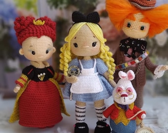 Alice in wonderland crochet doll for sale, Amigurumi  finished Alice doll, Crochet Alice and White rabbit plushie, Granddaughter Gift