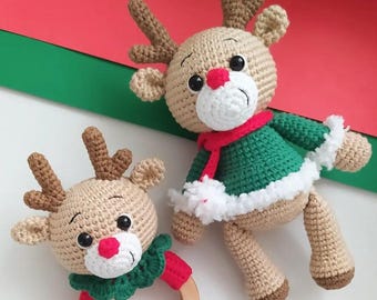 Cerf de Noël à vendre, idée cadeau premier Noël au crochet, ensemble poupée et hochet cerf de Noël, cadeau de décoration de Noël fait main