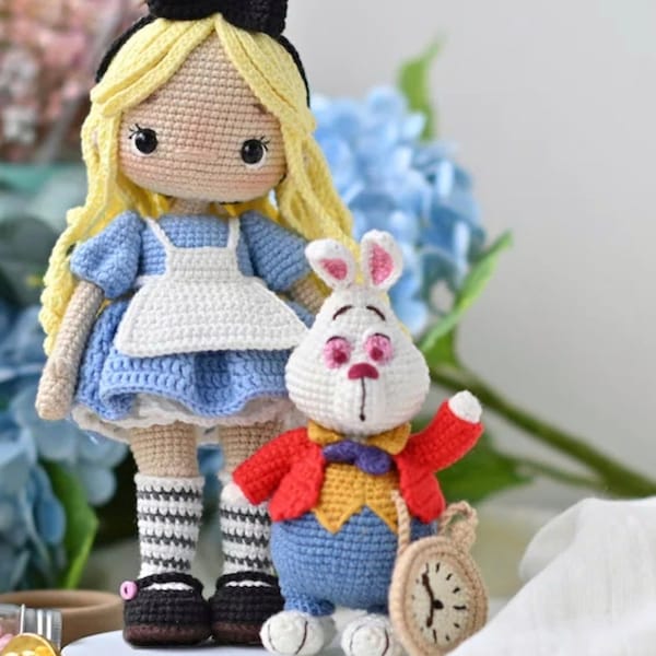 Alice in wonderland crochet doll for sale, Amigurumi  finished Alice doll, Crochet Alice and White rabbit plushie, Granddaughter Gift