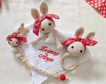Customizable bunny lovey set, Handmade bunny doll for sale, Amigurumi bunny doll plushie, Babyshower gift box, Crochet baby gift