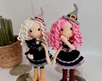 Boneca de bruxa de crochê à venda, Boneca de bruxa amigurumi finalizada, Ideia de presente assustador de Halloween, Caixa de presente para neta, Boneca de bruxa de pelúcia feita à mão
