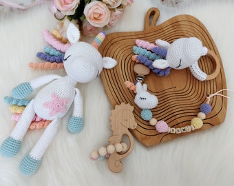 Crochet unicorn plushie, Personalizable Unicorn pacifier chain set,  Handmade unicorn toy