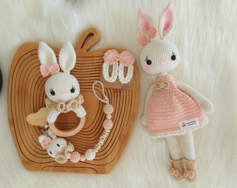 Personalized Crochet pacifier chain set, Handmade Babyshower gift box, Crochet stuffed bunny doll, first christmas gift, Handmade baby gift