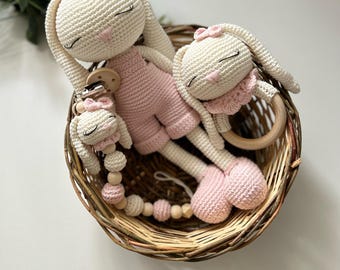 Personalized Crochet pacifier chain set, Handmade Babyshower gift box, Crochet stuffed bunny doll, first christmas gift, Handmade baby gift
