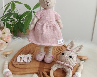 Personalizable bunny pacifier holder set, Handmade bunny doll for sale, Amigurumi bunny doll plushie, Babyshower gift box, Crochet baby gift