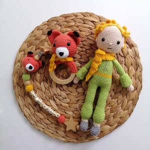 Personalizable little Prince pacifier chain set, Amigurumi finished little prince, Babyshower gift set, Handmade baby gift, Christmas gift