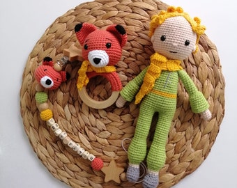 Personalizable little Prince pacifier chain set, Amigurumi finished little prince, Babyshower gift set, Handmade baby gift, Christmas gift