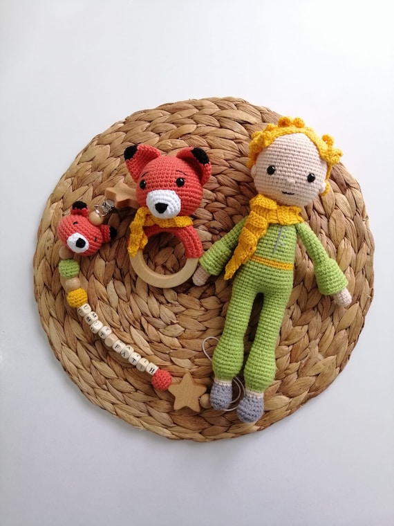 Personalizable little Prince pacifier chain set, Amigurumi finished little prince, Babyshower gift set, Handmade baby gift, Christmas gift