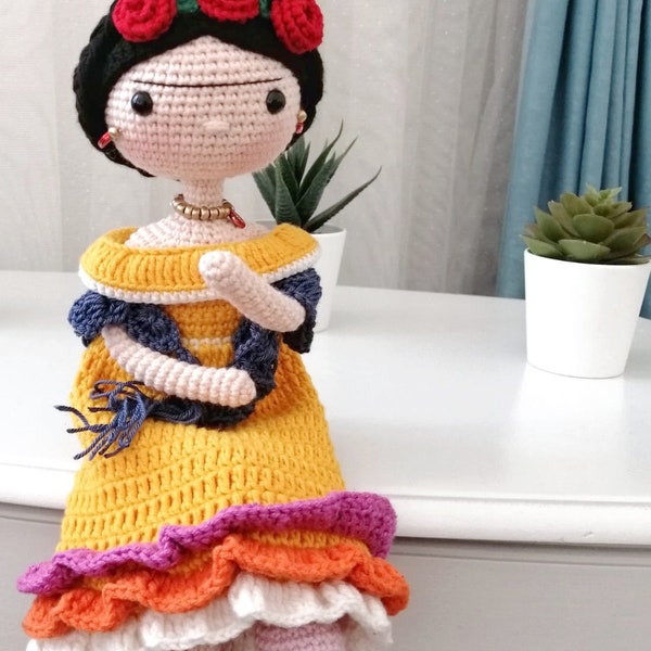 Frida Kahlo doll for sale,Amigurumi finished Frida doll, Handmade Frida doll, Crochet Frida plushie, Granddaughter Gift, dressed doll plush