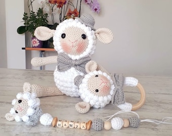 Personalizable pacifier chain rattle set, Handmade Babyshower gift box, Crochet stuffed bunny doll, first christmas gift, Handmade baby gift