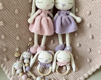 Personalized Crochet bunny pacifier chain Crochet stuffed bunny doll set, Handmade Babyshower gift box, Handmade baby gift, Pregnancy gift