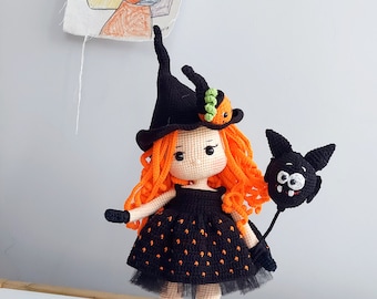 Boneca bruxa de crochê à venda, boneca bruxa acabada em amigurumi, ideia de presente assustador de Halloween, caixa de presente neta, boneca bruxa de pelúcia feita à mão