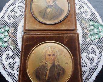 Two 19th Century Images of composers Bach and Mendelssohn in velvet and brass frames.