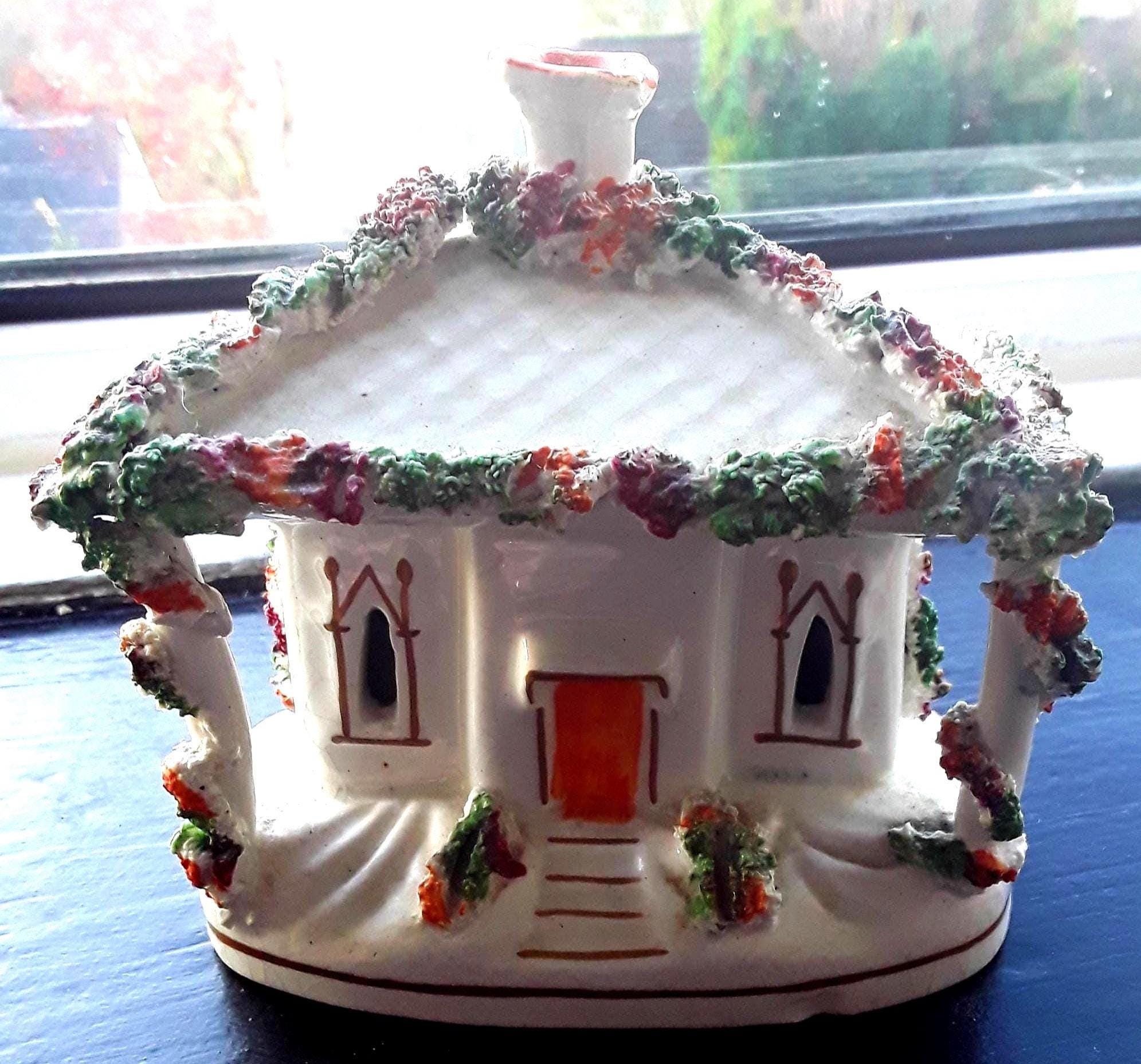 Victorian Staffordshire Antique Pottery  Cottage  Decorated With Colourful Bocage.