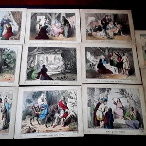 Elf religiöse Lithographiekarten schildern das Leben von Jesus.