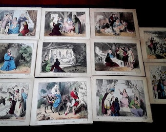 Eleven Religious Lithographic Cards Potraying The Life of Jesus.