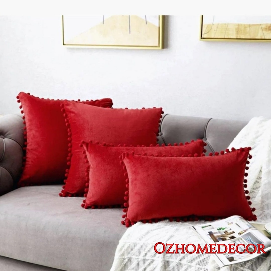 Red Pompom Cushion Covernew Home Giftsvelvet Pillow Cover Etsy
