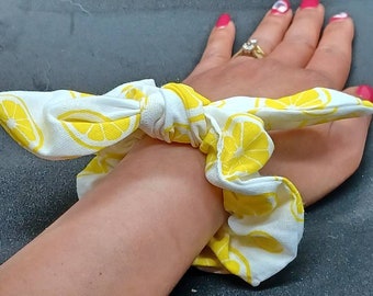 Tropical Fruits Scrunchies with bow, Hair Scrunchie, Fruits Scrunchie, Scrunchie Ties with bow. Watermelons, Lemons & Mangoes Scrunchies