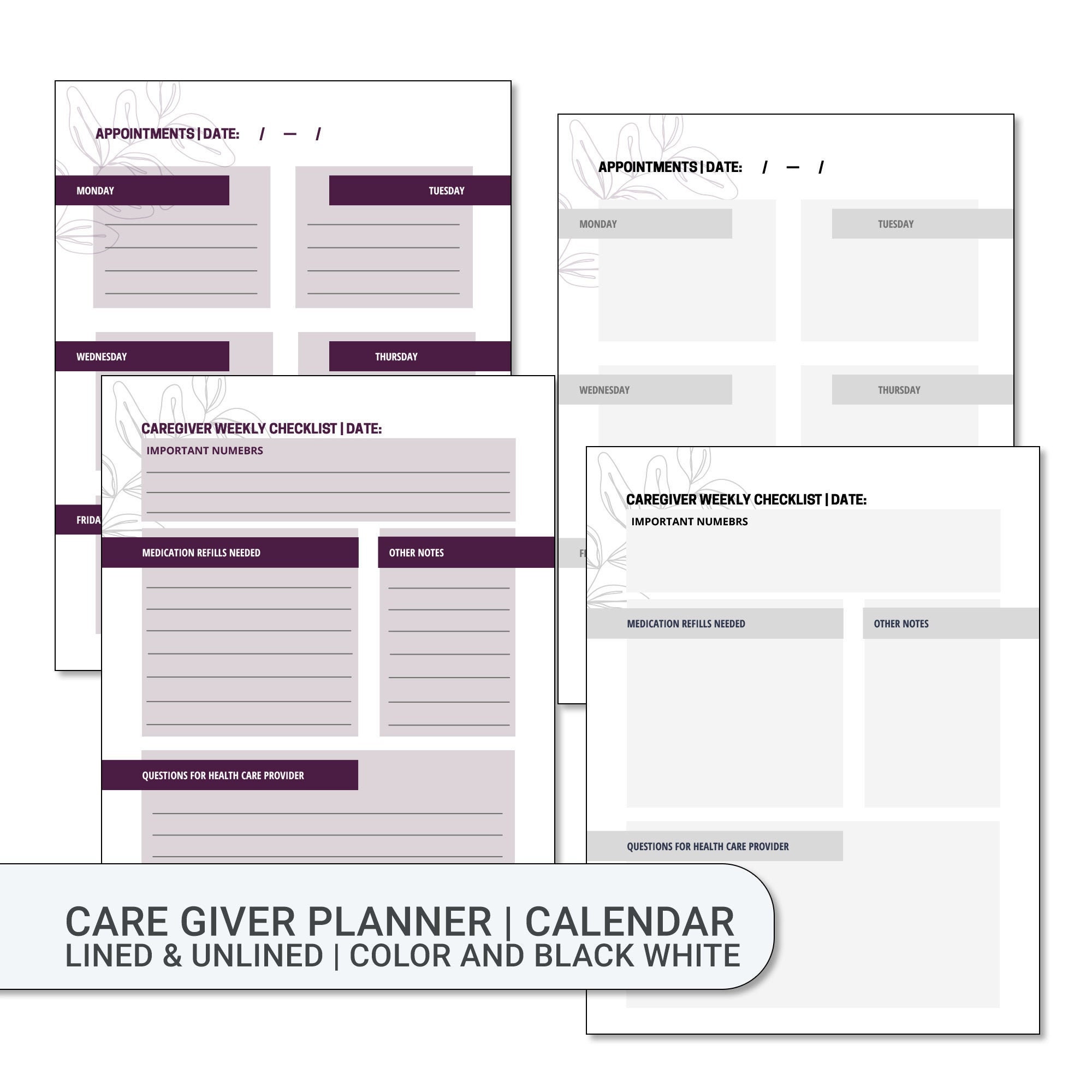 Printable Caregiver Planner Weekly Planner Calendar Etsy