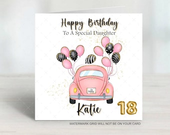 Personalised Birthday card Pink car girls for her Daughter sister niece any name 17th 18th 21st  any age