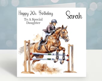 May include: A birthday card with a watercolor illustration of a person riding a horse over a jump. The card says "Happy 20th Birthday To A Special Daughter" and "Sarah".