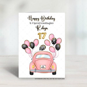 A5 Personalised Birthday card pink Car girls for her Daughter sister niece any name 17th 18th 21st any age