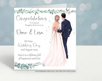 May include: A wedding card with a watercolor illustration of a bride and groom in front of a green leafy border. The card reads "Congratulations to a Special Daughter & Son-In-Law Dean & Lisa On Your Wedding Day 2nd August 2024 Here's to a lifetime full of happiness and love".