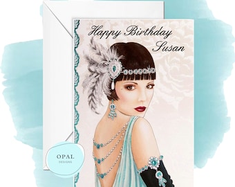 May include: A birthday card featuring a woman in a flapper dress with a feather headband and turquoise jewelry. The card says "Happy Birthday Susan" and has a vintage design.