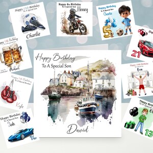 May include: A collection of birthday cards with watercolor illustrations. Cards feature themes like sports, cars, and hobbies, with text such as "Happy 15th Birthday" and names like "Charlie" and "David".