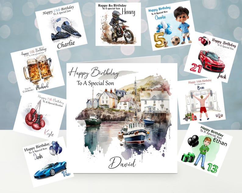 May include: A collection of birthday cards with watercolor illustrations. Cards feature themes like sports, cars, and hobbies, with text such as "Happy 15th Birthday" and names like "Charlie" and "David".