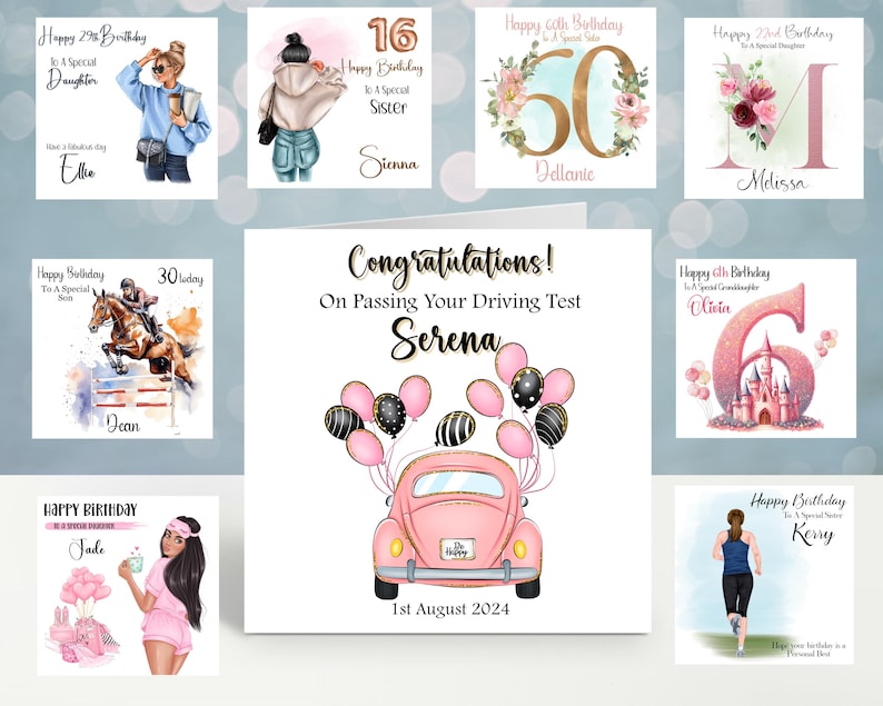 Op de afbeelding: Een verzameling wenskaarten met diverse ontwerpen. Sommige kaarten bevatten illustraties van mensen, terwijl andere cijfers en bloemstukken hebben. E&eacute;n kaart toont een roze auto met ballonnen en de tekst "Gefeliciteerd! Met het behalen van je rijbewijs Serena 1 augustus 2024."
