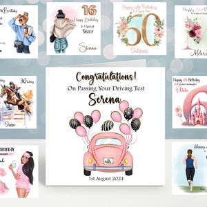 May include: A set of 10 personalized greeting cards with various themes, including birthdays, driving test congratulations, and special occasions. The cards feature colorful illustrations and handwritten text with names like Ellie, Sienna, Dellante, Melissa, Dean, Olivia, Jade, Kerry, and Serena.