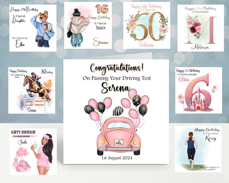 May include: A set of 10 personalized greeting cards with various themes, including birthdays, driving test congratulations, and special occasions. The cards feature colorful illustrations and handwritten text with names like Ellie, Sienna, Dellante, Melissa, Dean, Olivia, Jade, Kerry, and Serena.