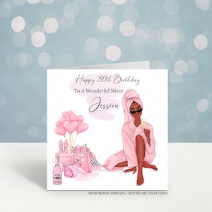 K&ouml;nnte beinhalten: Geburtstagskarte mit dem Text "Happy 30th Birthday To A Wonderful Niece Jessica". Die Karte zeigt eine Illustration einer Frau in einem rosa Bademantel, die ein Sektglas h&auml;lt, mit rosa Luftballons, Schuhen und Geschenken.