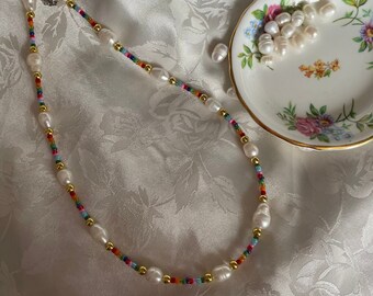 Rainbow pearl necklace | rainbow choker | freshwater Pearl necklace | multicolour necklace | seed bead necklace | beaded choker |