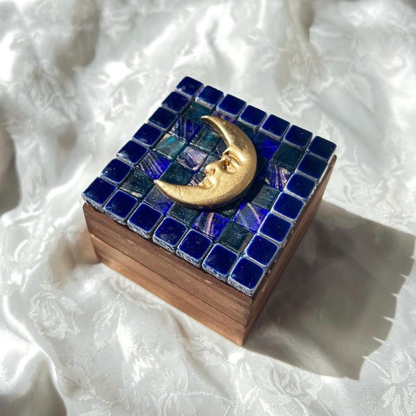 Mosaic moon trinket box | jewellery box | 90s inspired | whimsigoth | handmade | navy gold | room decor | wooden box | gifts for her |