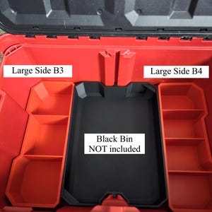 May include: Open red toolbox with orange storage compartments and a black bin. The text "Large Side B3" and "Large Side B4" are visible. The text "Black Bin NOT included" is also visible.