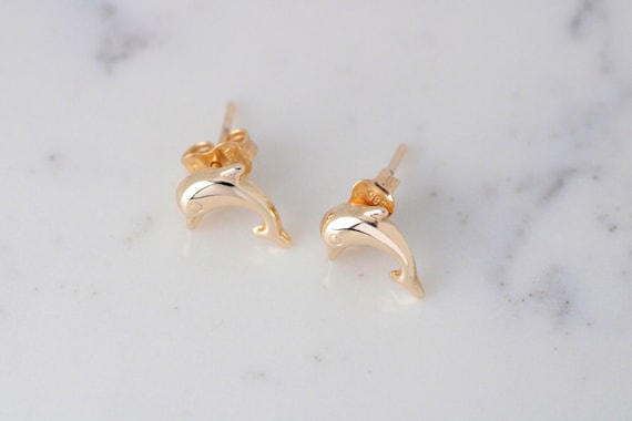 14K Solid Gold Dolphin Stud Earrings Gold Earrings Stud Earrings Yellow Gold Dolphin Stud Dolphin Earrings Solid Gold Gift for Her Etsy
