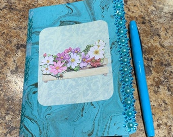 Blue Notepad with Handmade Cover Journal Lined Paper Flowers with Matching Pen