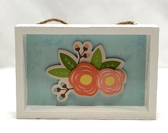 Flowers Home Decor Shelf Sitter White Blue Pink Handmade 4x6"