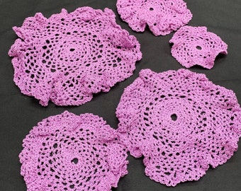 Lot of 5 Crochet Doilies Handmade 3.5 - 8 inches Doily Pink Purple Bedroom