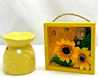 Bumblebees Shadow Box and Candle Warmer Yellow Sunflowers Bees Tier Tray