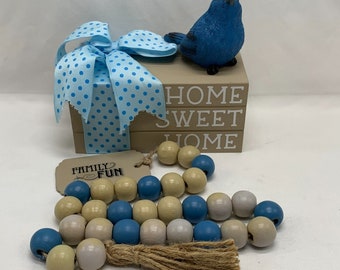 Tier Tray Decor Blue Tan Faux Books Home Sweet Home Bird Bead Garland