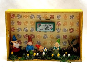 Gnome Garden Shadow Box Home Decor Yellow