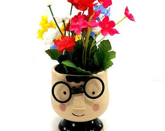 Floral Arrangement Artificial Flowers Face Planter Teachers Gift Work Desk Decor