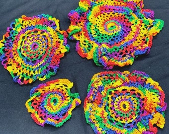 4 Rainbow Crochet Doilies Hand made Wedding Tea Party Pride 3.5 - 8 inches