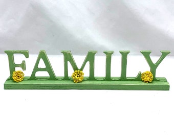 Family Sign Shelf Handmade Green Yellow Flowers Home Decor